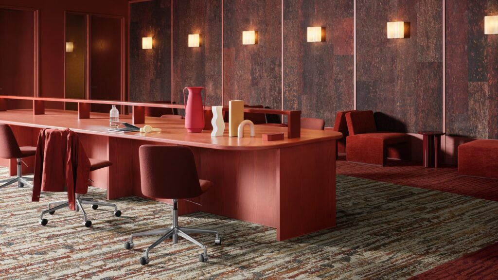 INTERIORS Biophilic carpet tile design from the Forest Within collection by Interface made with ECONYL® regenerated nylon.